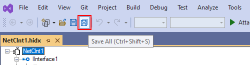 Cuplikan layar memperlihatkan toolbar Visual Studio dengan opsi pilihan untuk Simpan Semua.