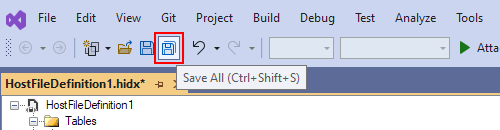 Cuplikan layar memperlihatkan toolbar Visual Studio dengan Simpan Semua dipilih.