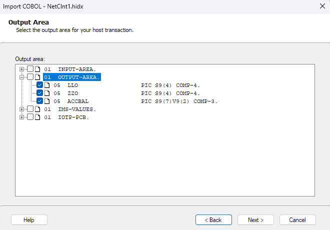 Cuplikan layar memperlihatkan kotak Area Output untuk transaksi host IMS.