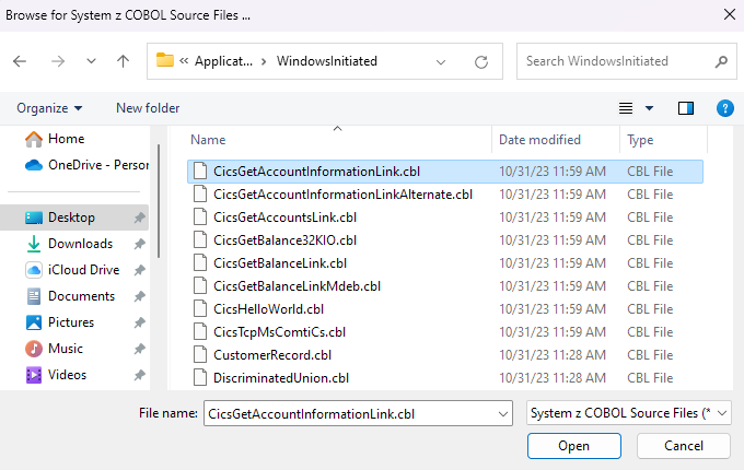Cuplikan layar memperlihatkan penjelajah file dan copybook yang dipilih untuk digunakan untuk aplikasi host CICS.