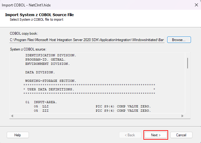 Cuplikan layar memperlihatkan kotak Impor File Sumber z COBOL Sistem dengan definisi host yang dipilih dan dimuat sebelumnya untuk IMS.