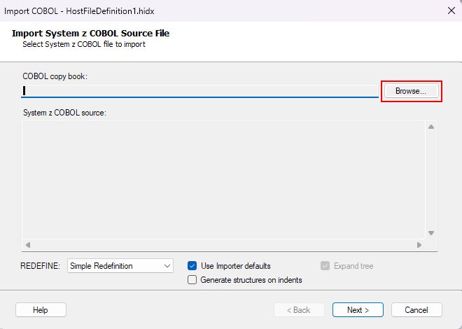 Cuplikan layar memperlihatkan kotak Impor File Sumber Z COBOL Sistem untuk file host.