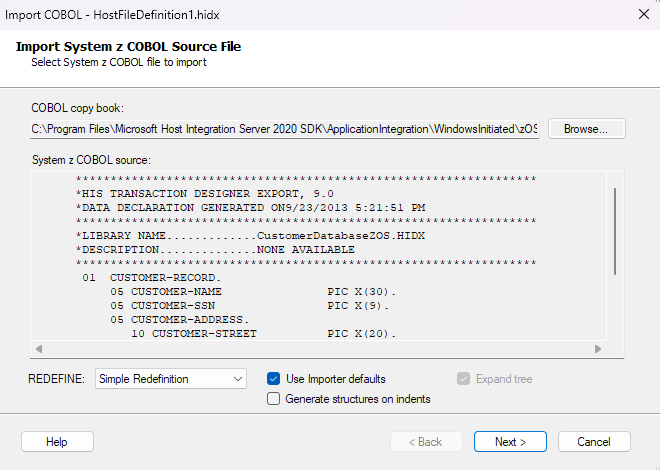 Cuplikan layar memperlihatkan kotak Impor File Sumber z COBOL Sistem dengan definisi host yang dipilih dan dimuat sebelumnya untuk file host.