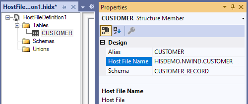 Cuplikan layar memperlihatkan jendela properti tabel dengan properti Alias, Nama File Host, dan Skema.