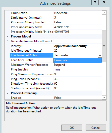 Cuplikan layar kotak dialog Pengaturan Tingkat Lanjut. Tindakan Waktu Diam habis disorot dan Hentikan dipilih di menu drop-down.