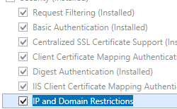 Cuplikan layar yang memperlihatkan Pembatasan I P dan Domain dipilih untuk Windows Server 2012.