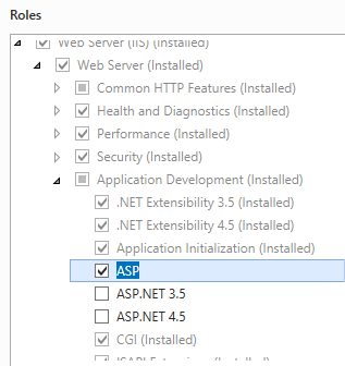 Gambar panel Server Web dan Pengembangan Aplikasi diperluas dengan A S P dipilih.