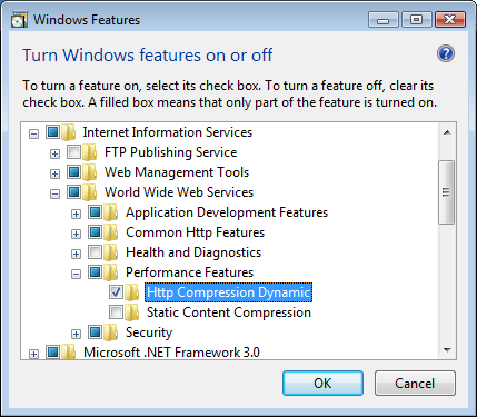 Cuplikan layar halaman Aktifkan atau nonaktifkan fitur Windows yang memperlihatkan node Fitur Performa diperluas dan H T T P Common Dynamics dipilih.