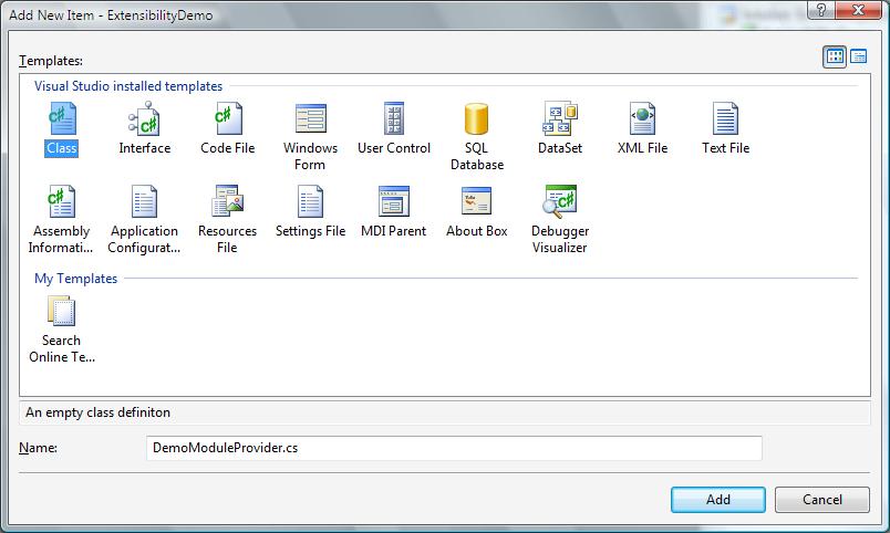 Cuplikan layar jendela Tambahkan Item Baru. Ikon Kelas disorot.