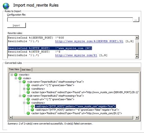 Cuplikan layar simpul yang dipilih dalam Tampilan Pohon dari aturan Yang Dikonversi.
