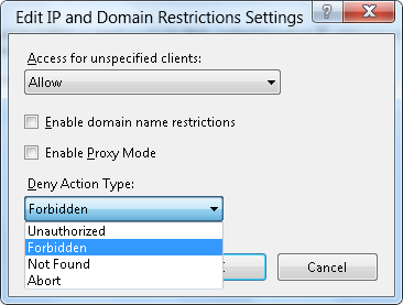 Cuplikan layar yang memperlihatkan kotak dialog Edit Pengaturan Pembatasan I P dan Domain. Terlarang dipilih dari daftar Tolak Jenis Tindakan.