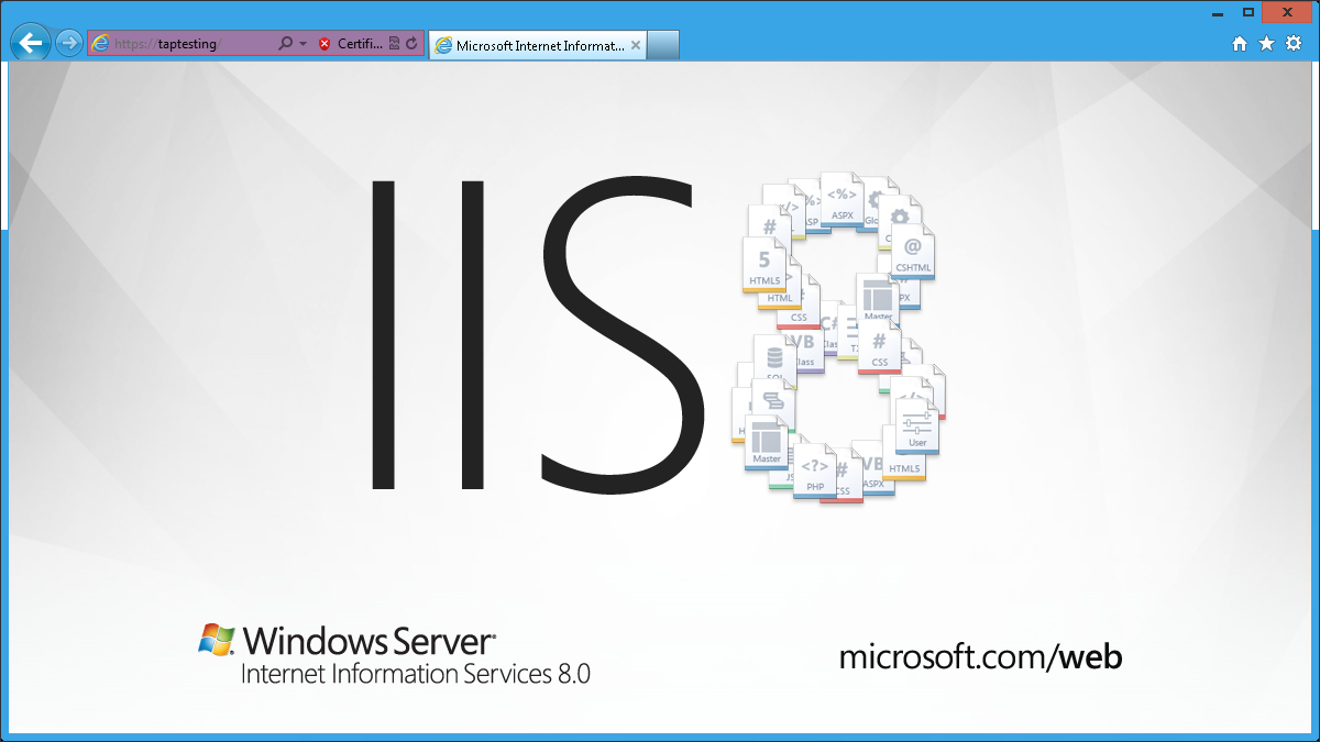 Cuplikan layar yang memperlihatkan Internet Explorer. I I S 8 ditulis dalam teks besar di halaman web.