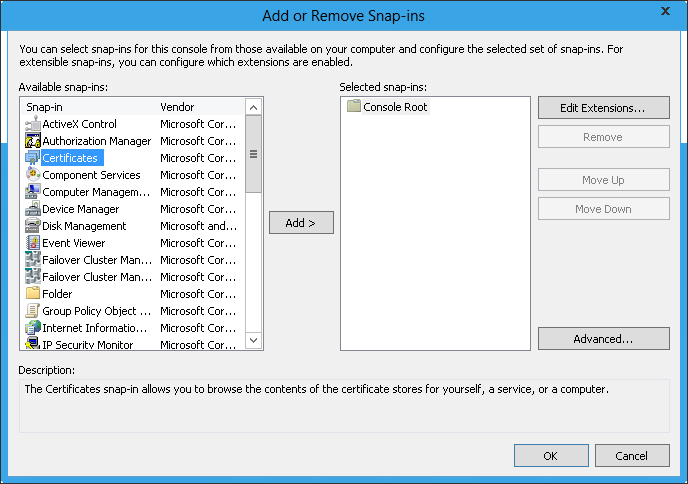 Cuplikan layar yang memperlihatkan kotak dialog Tambahkan atau Hapus Snap in dengan Sertifikat dipilih di bawah Snap in yang tersedia.