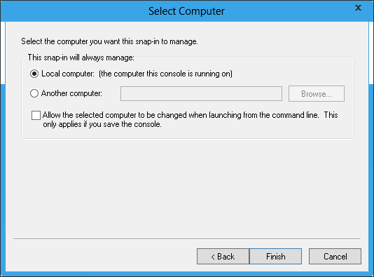 Cuplikan layar yang memperlihatkan kotak dialog Pilih Komputer. Komputer lokal dipilih.