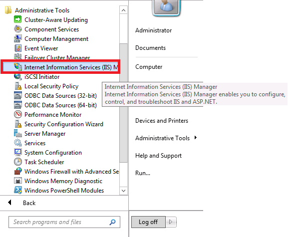 Cuplikan layar menu Alat Administratif diperluas dengan Layanan Informasi Internet I I S Manager disorot.