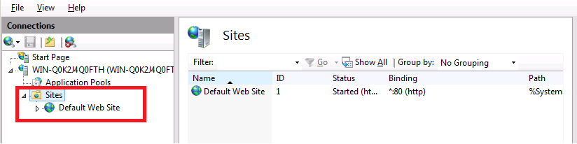 Cuplikan layar nod Situs diperluas dengan simpul Situs Web Default disorot.