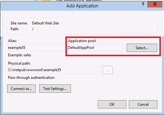 Cuplikan layar kotak dialog Tambahkan Aplikasi dengan Kumpulan Aplikasi dan Kumpulan Aplikasi Default ditampilkan di samping tombol Pilih disorot.