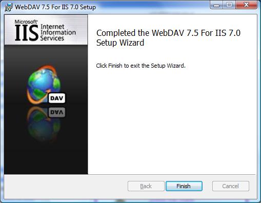 Cuplikan layar yang memperlihatkan penyelesaian penginstalan untuk Web DAV.