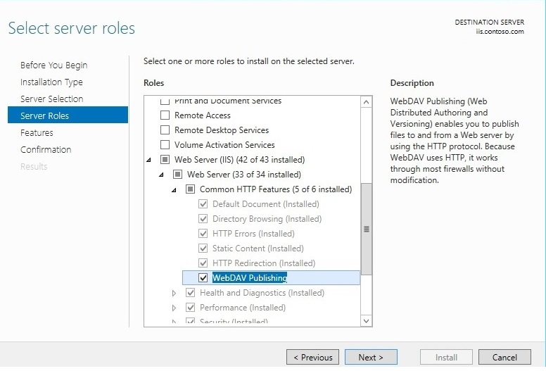 Cuplikan layar yang memperlihatkan Penerbitan WEB DAV untuk Windows Server 2012.