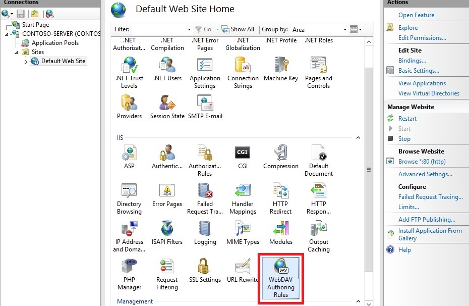 Cuplikan layar yang memperlihatkan panel Beranda Situs Web Default. Aturan Penulisan DAV Web dipilih.