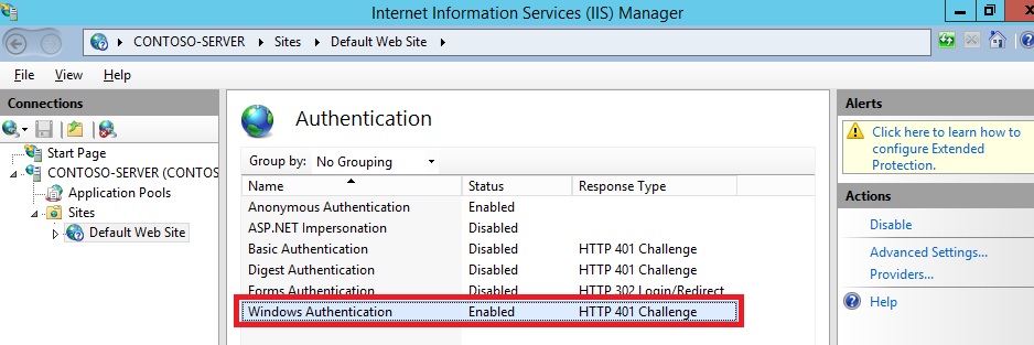 Cuplikan layar yang memperlihatkan panel Autentikasi. Autentikasi Windows diaktifkan dan disorot.