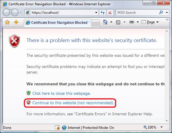 Cuplikan layar internet explorer yang menampilkan kesalahan sertifikat keamanan. Lanjutkan ke situs web ini (tidak disarankan) ditekankan.