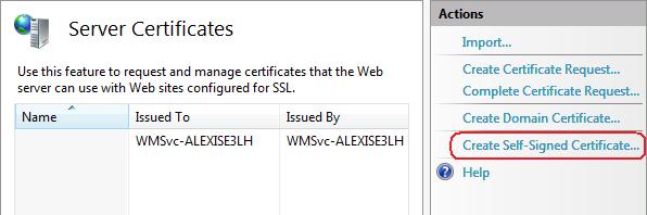 Cuplikan layar panel Tindakan Sertifikat Server dengan Buat Sertifikat Yang Ditandatangani Sendiri ditekankan.