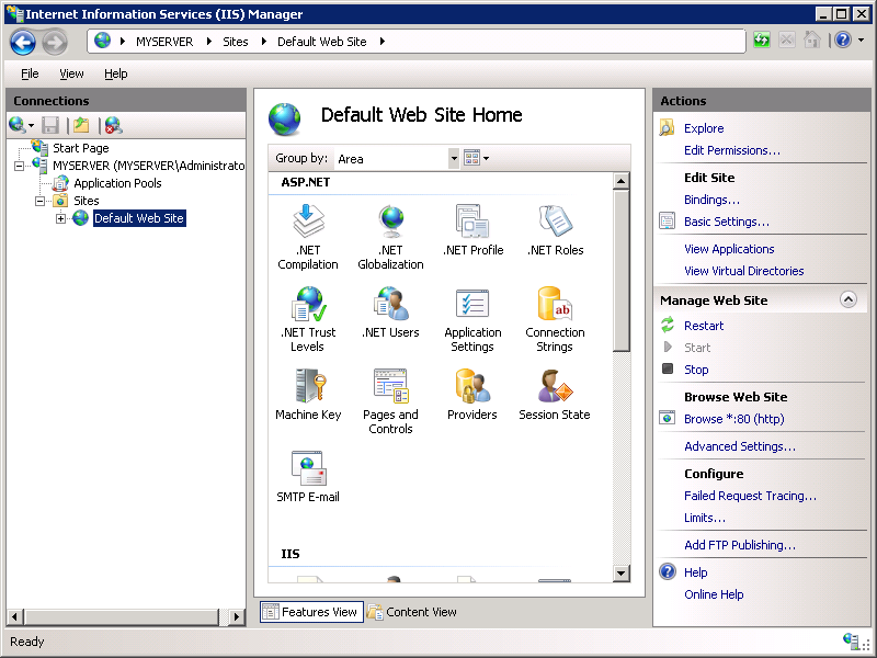Cuplikan layar Internet Information I I S Manager. Di panel Koneksi, Situs Web Default disorot.