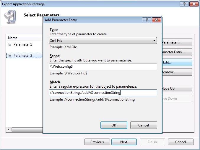Cuplikan layar Tambahkan Entri Parameter dengan string koneksi yang dimasukkan di bidang Cocokkan.