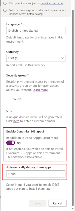 The image shows how to enable Dynamics 365 apps field in a power platform environment. 