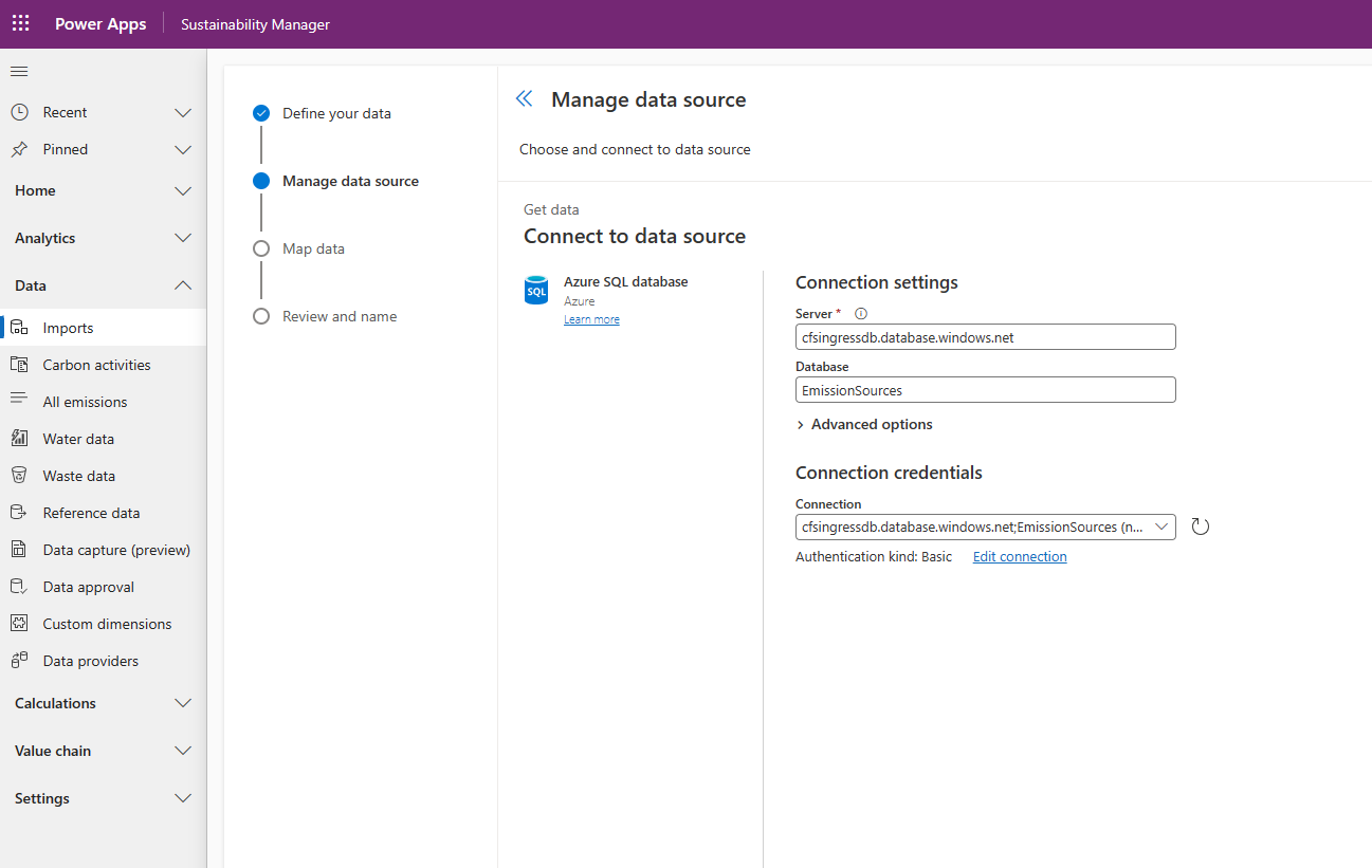 Screenshot showing how to enter connection settings for an Azure SQL database.