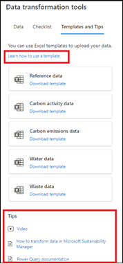Screenshot showing the Templates and Tips tab of the Data transformation tools page.