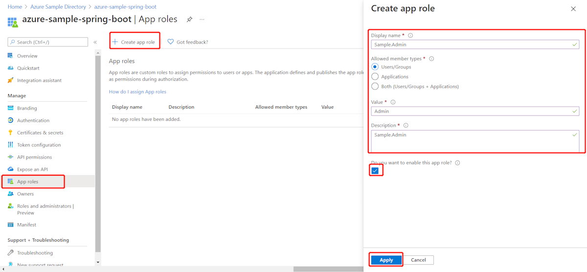 Screenshot of application 'App roles' screen with 'Create app role' pane showing.