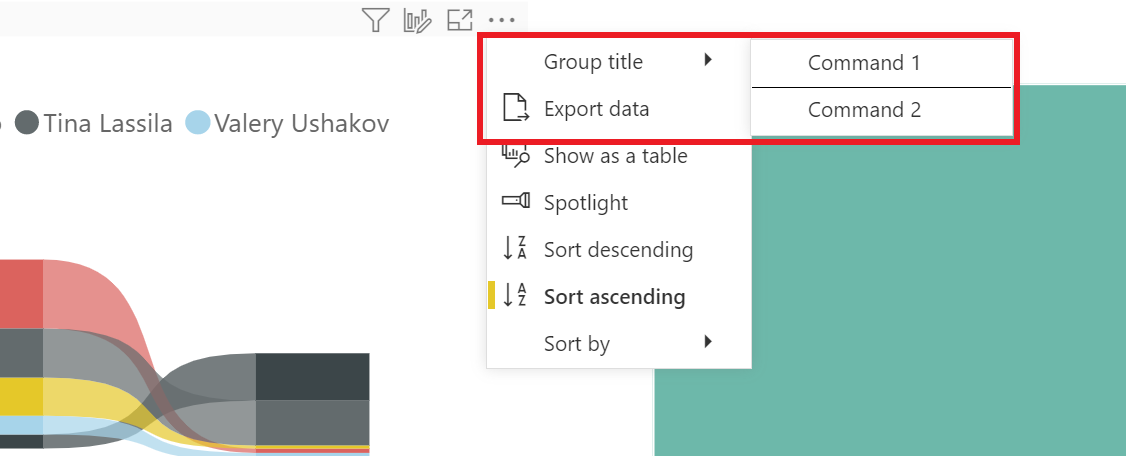 Cuplikan layar yang memperlihatkan visual Power BI dengan dua perintah ditambahkan di bawah submenu baru.