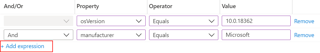 Screenshot that shows how to use the rule builder in Microsoft Intune to create an expression filter, and assign to your policies.