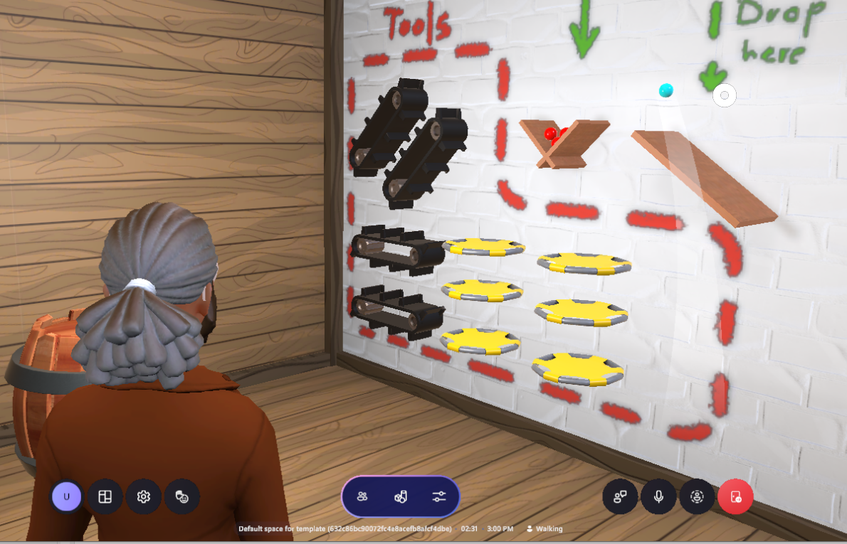 Cuplikan layar pameran permainan menjatuhkan bola dalam sampel Mesh Science Building.