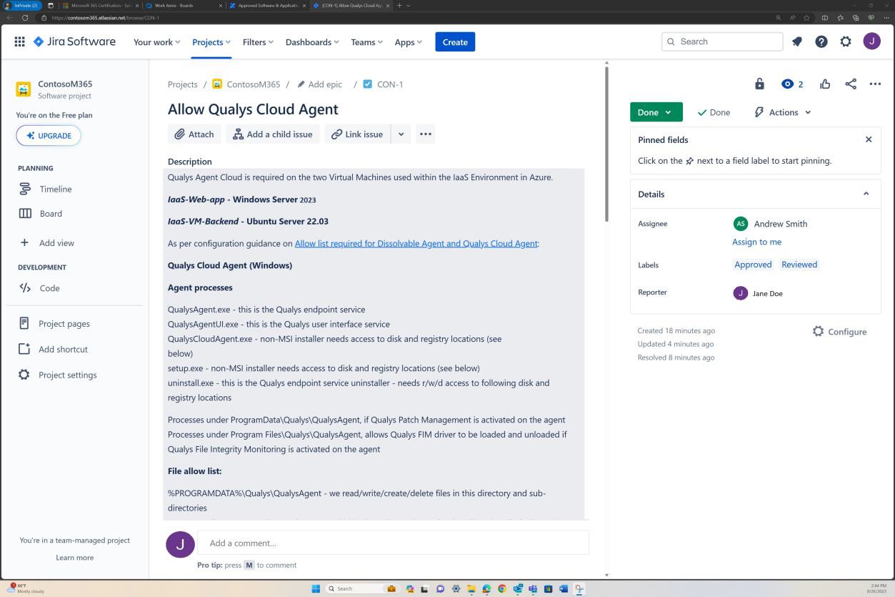 Jira dashboard listing a complete approval process.