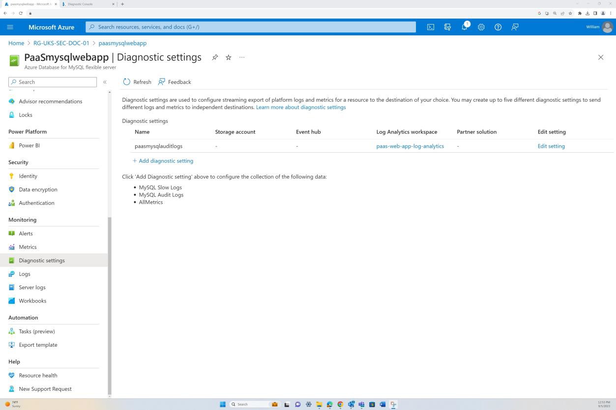 Microsoft Azure app diagnostic settings.