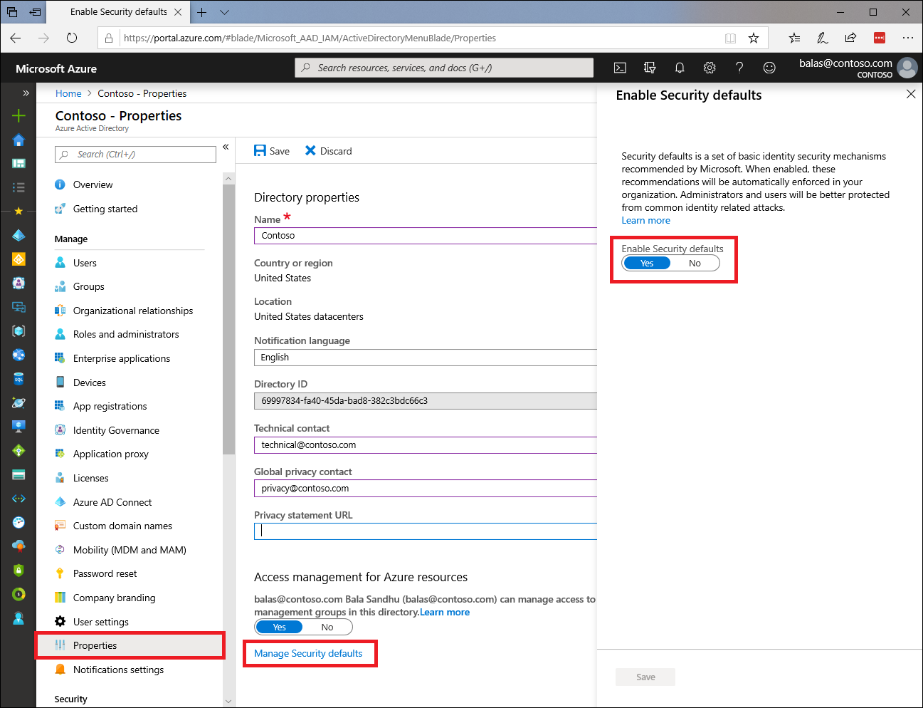 Screenshot of the Azure portal with the toggle to enable security defaults.