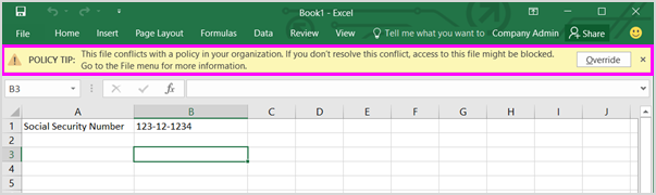 Message bar shows policy tip in Excel 2016