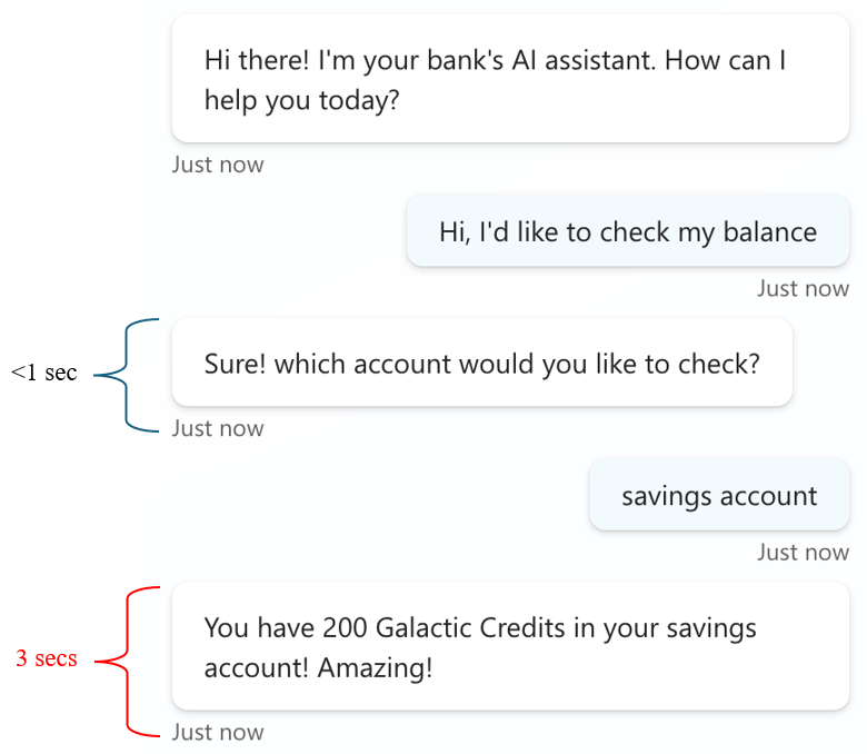 Tangkapan layar skrip pengujian yang mensimulasikan percakapan multi-giliran, menampilkan input pengguna dan respons agen dengan waktu respons yang bervariasi.