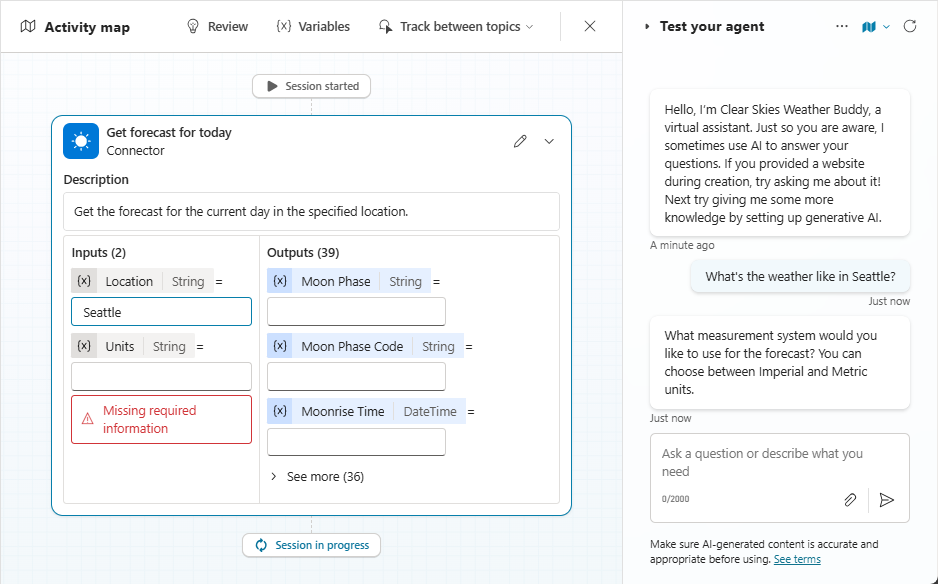 Cuplikan layar contoh 1, memperlihatkan plugin cuaca dalam mode pelacakan.