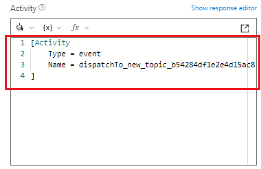 Cuplikan layar menyoroti tempat menambahkan kode peristiwa Aktivitas dengan Microsoft Copilot Studio  nama topik.