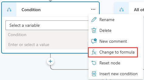 Cuplikan layar memperlihatkan Menu Node tempat Anda dapat beralih menggunakan Power Fx rumus sebagai kondisi.