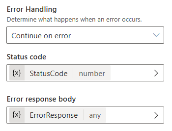 Cuplikan layar penanganan kesalahan dikonfigurasi untuk melanjutkan kesalahan dengan variabel yang ditentukan untuk kode status dan isi respons kesalahan.