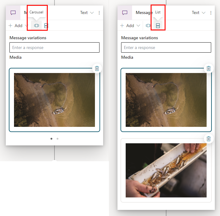 Cuplikan layar kartu gambar dalam tampilan carousel dan tampilan daftar.