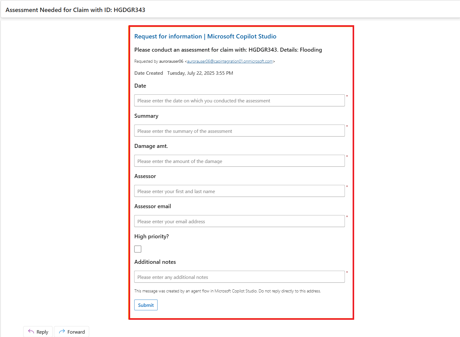 Cuplikan layar input email untuk tindakan Permintaan informasi.