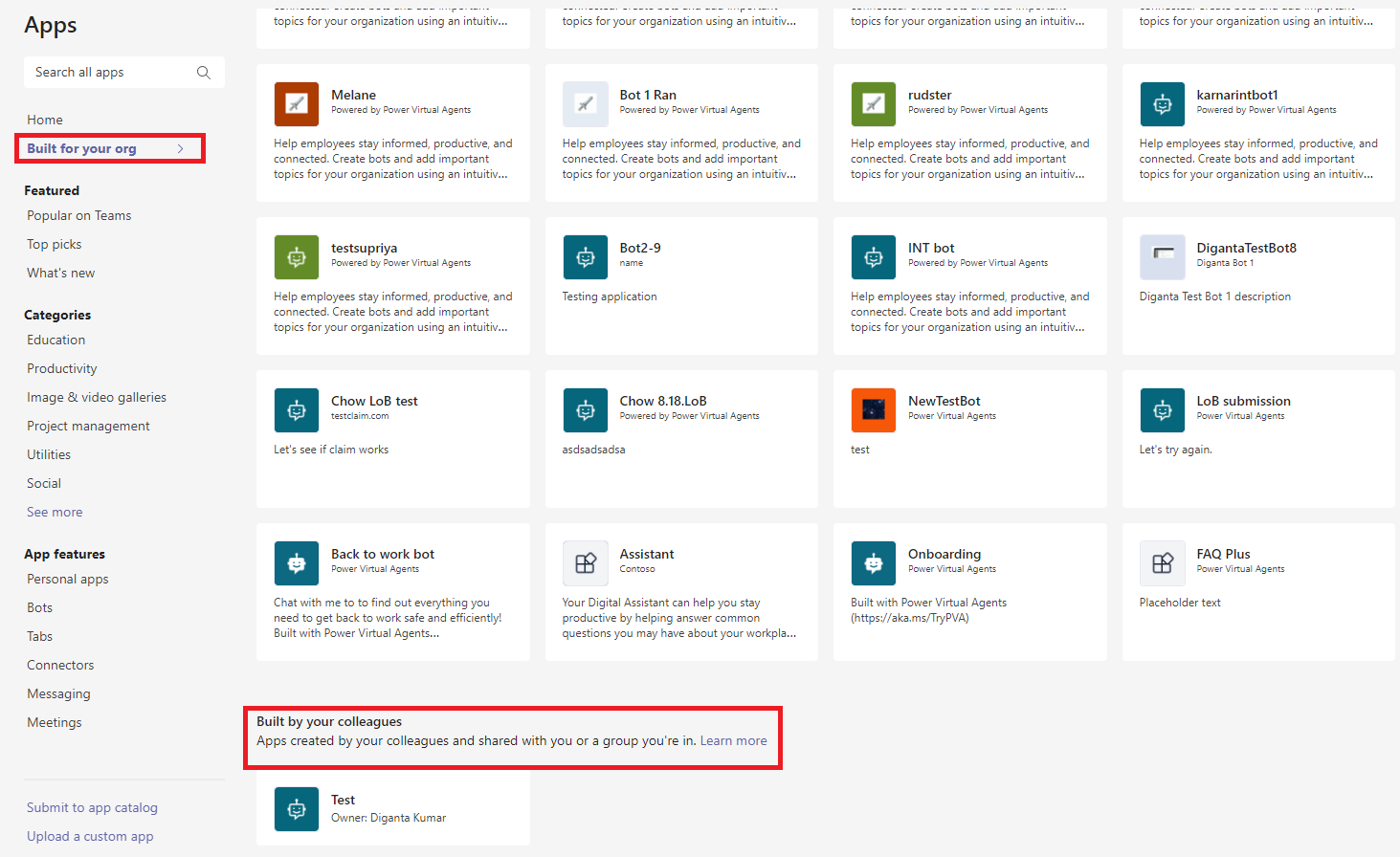 Bagian Dibangun oleh kolega Anda seperti di bagian bawah bagian Dibangun untuk organisasi Anda di toko aplikasi Teams.
