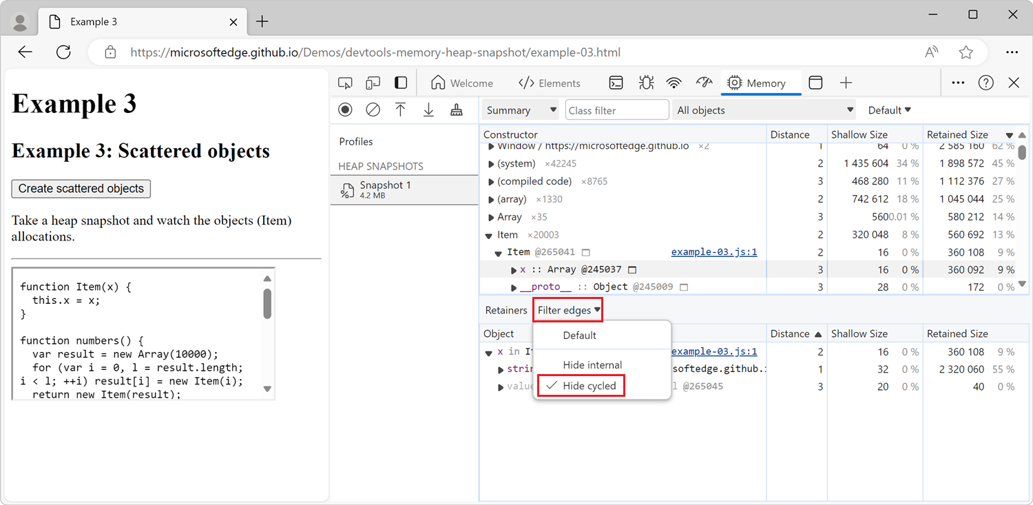 The Filter edges dropdown menu in the Retainers section, 'Hide cycled' is selected