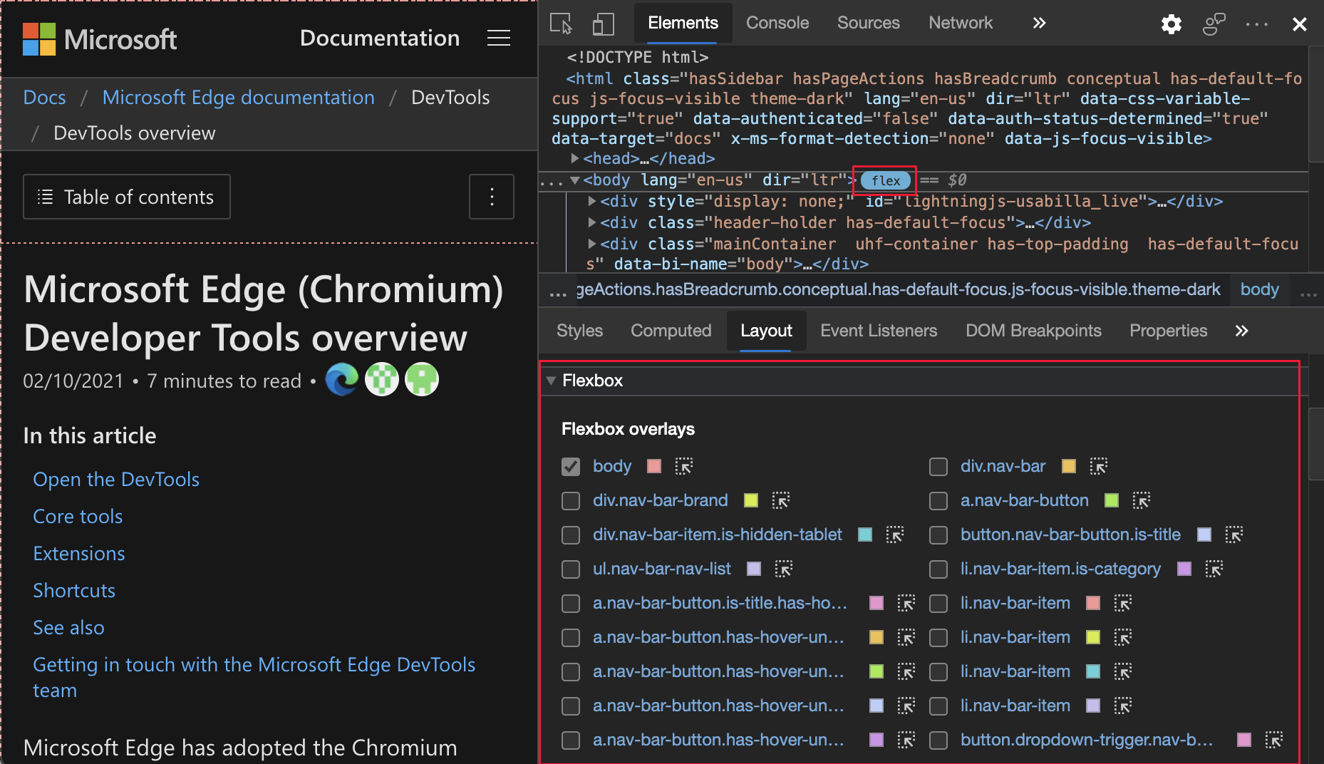 Flexbox section in the Layout pane